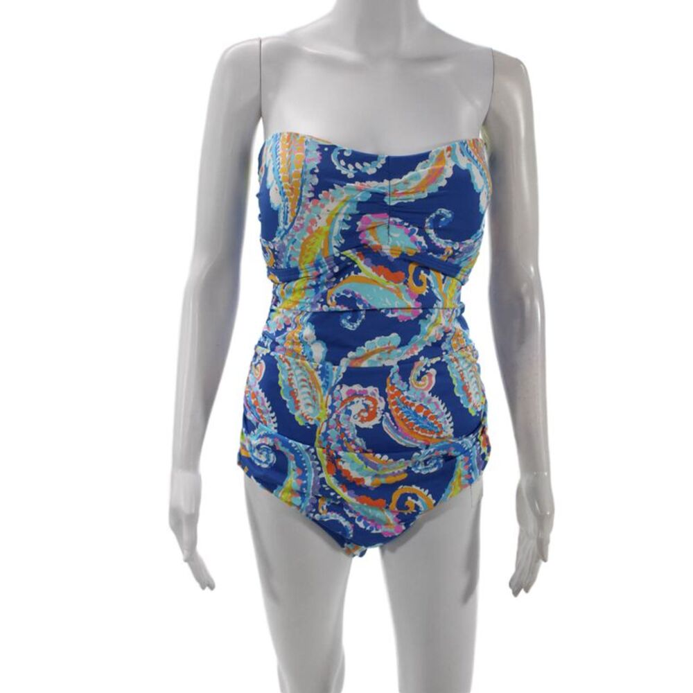 J. Mclaughlin Womens Paisley Tie Back Strapless One Piece Swim Blue Size 14